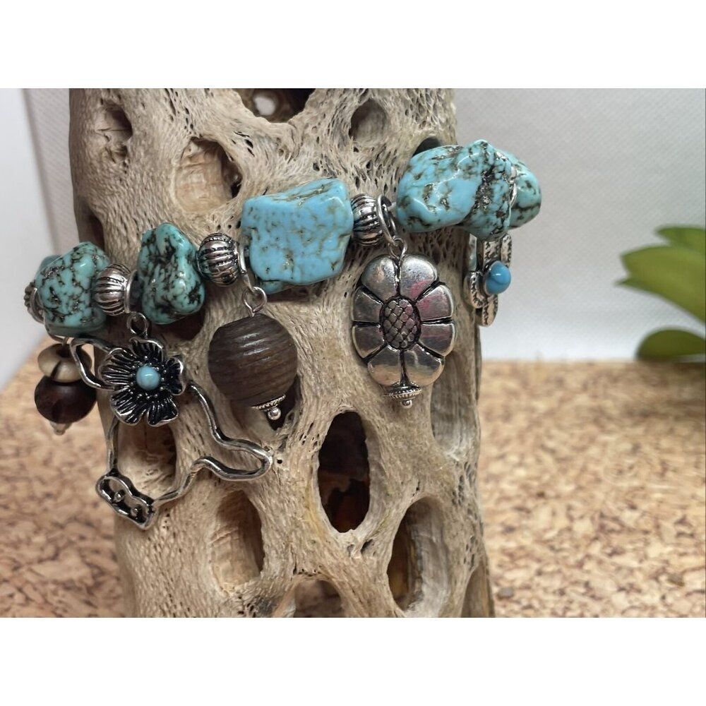 Turquoise Nugget Stretch Bracelet Feather Cactus Cow Western Bead Wood Flower - Picture 13 of 15